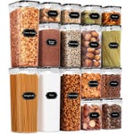 Clear storage containers filled with various food items such as pasta, cereal, flour, sugar, cookies, nuts, and snacks.