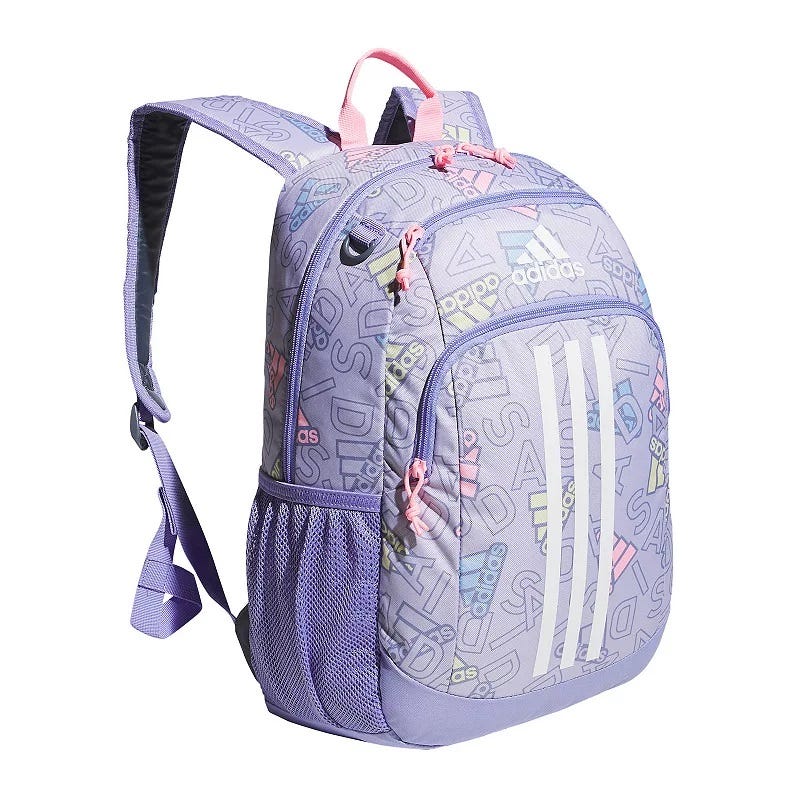 A lavender backpack with brand logos, pink accents, and side mesh pockets.