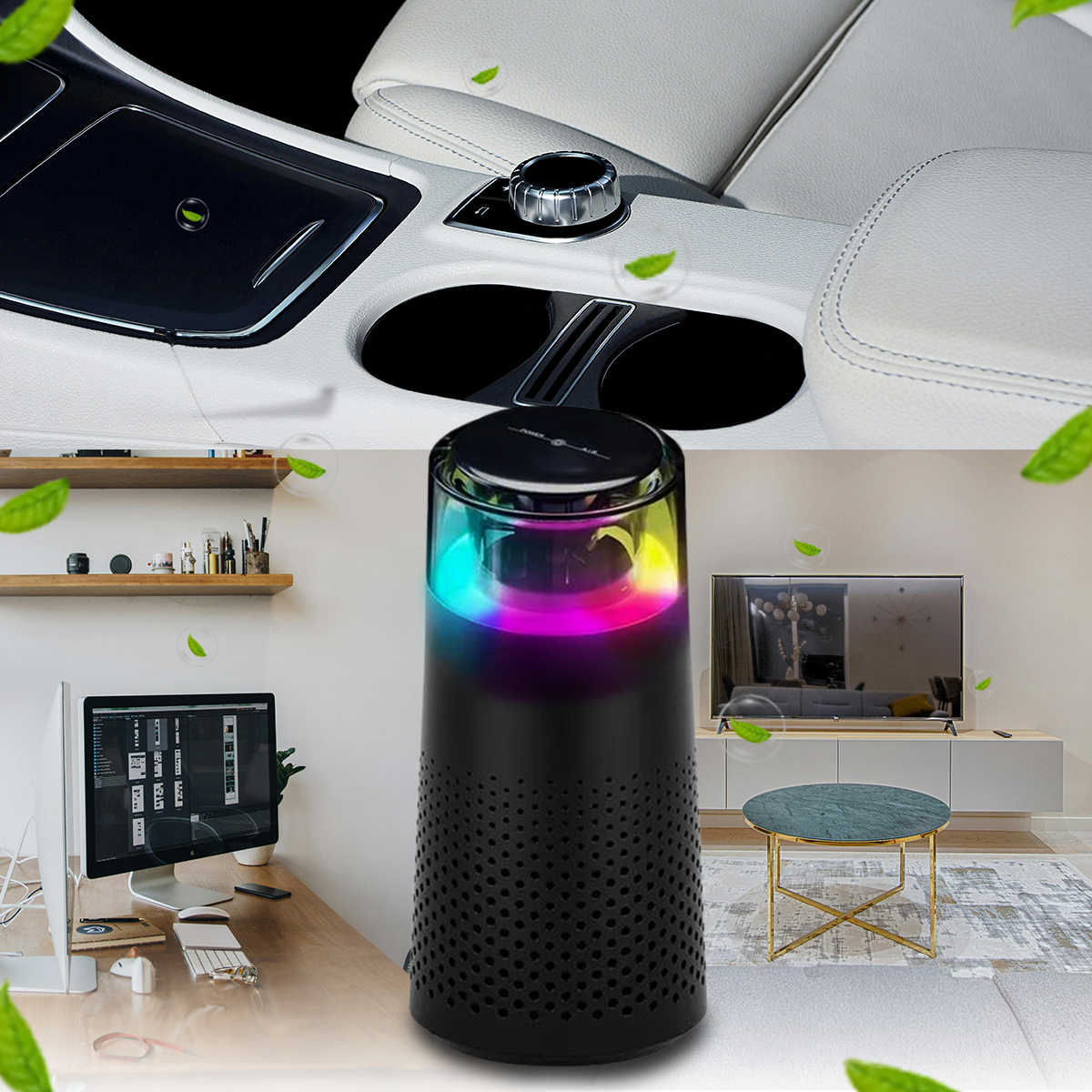 A car cup holder and a smart speaker with colorful lighting.