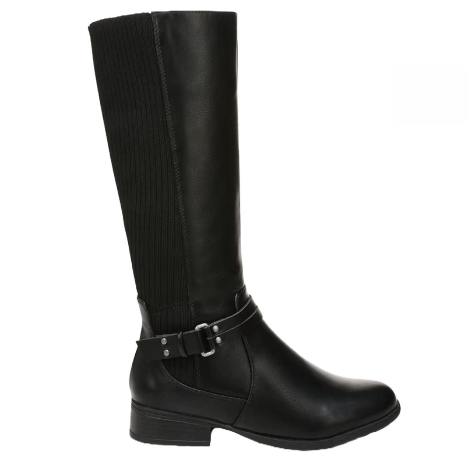 LifeStride XAnita Riding Boots feature a sleek black design with a textured knit back, buckle strap detail, and a low block heel, combining comfort and style for everyday wear.