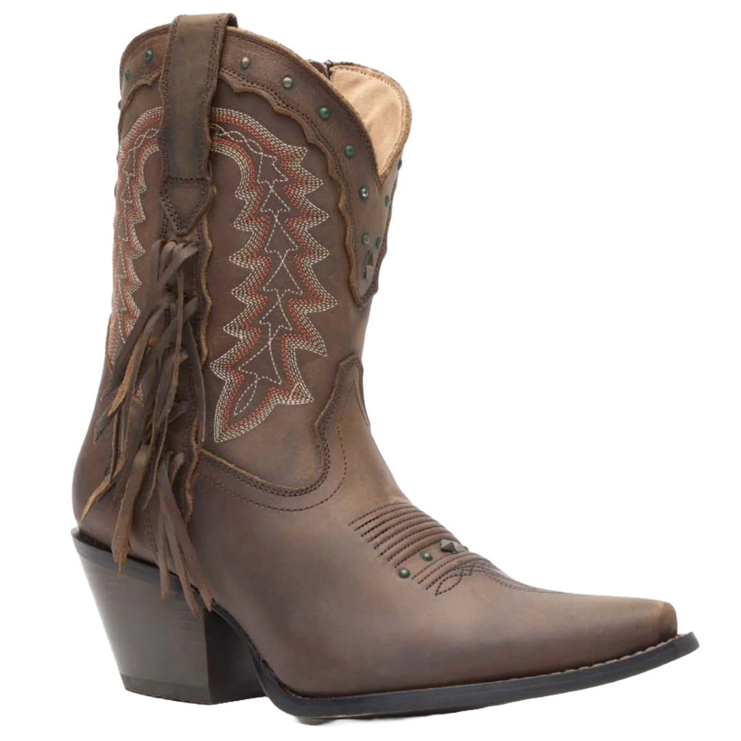 Durango Crush Western Boots feature brown leather with intricate embroidery, decorative fringe, and a stacked heel. Accented with small studs, they offer a classic Western look.