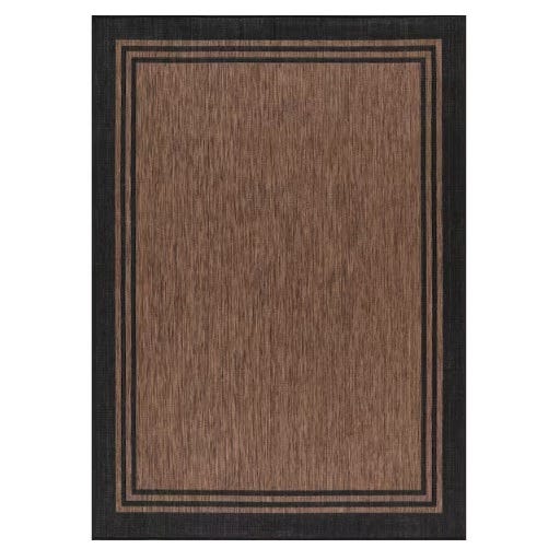 A rectangular area rug featuring a brown interior with a double black border. The design is simple and elegant, suitable for various interior settings.
