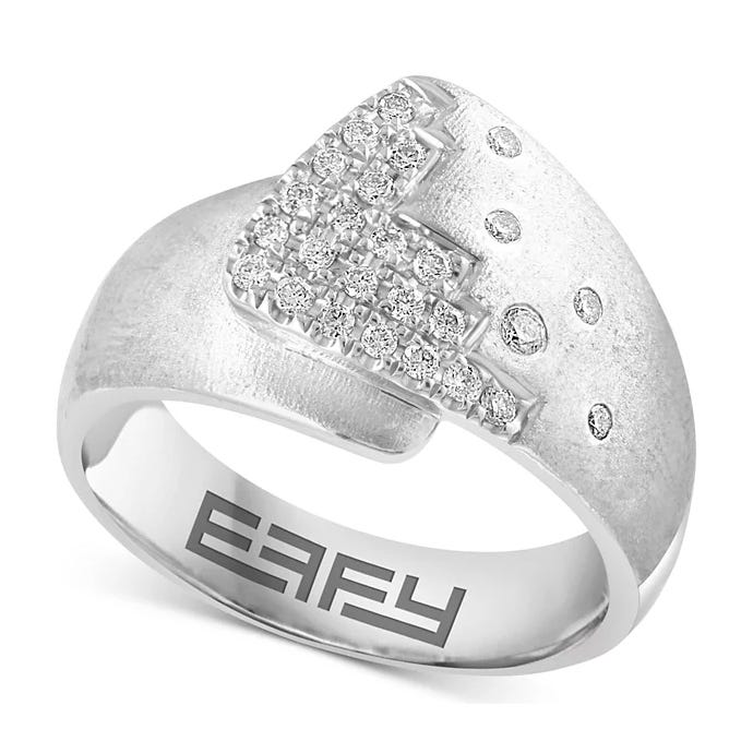 A silver ring with a textured band features a cluster of small, round diamonds in a geometric pattern. The interior is engraved with \“EFFY.\“