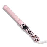 A pink curling iron with a leopard print design, featuring adjustable settings and a swivel cord.