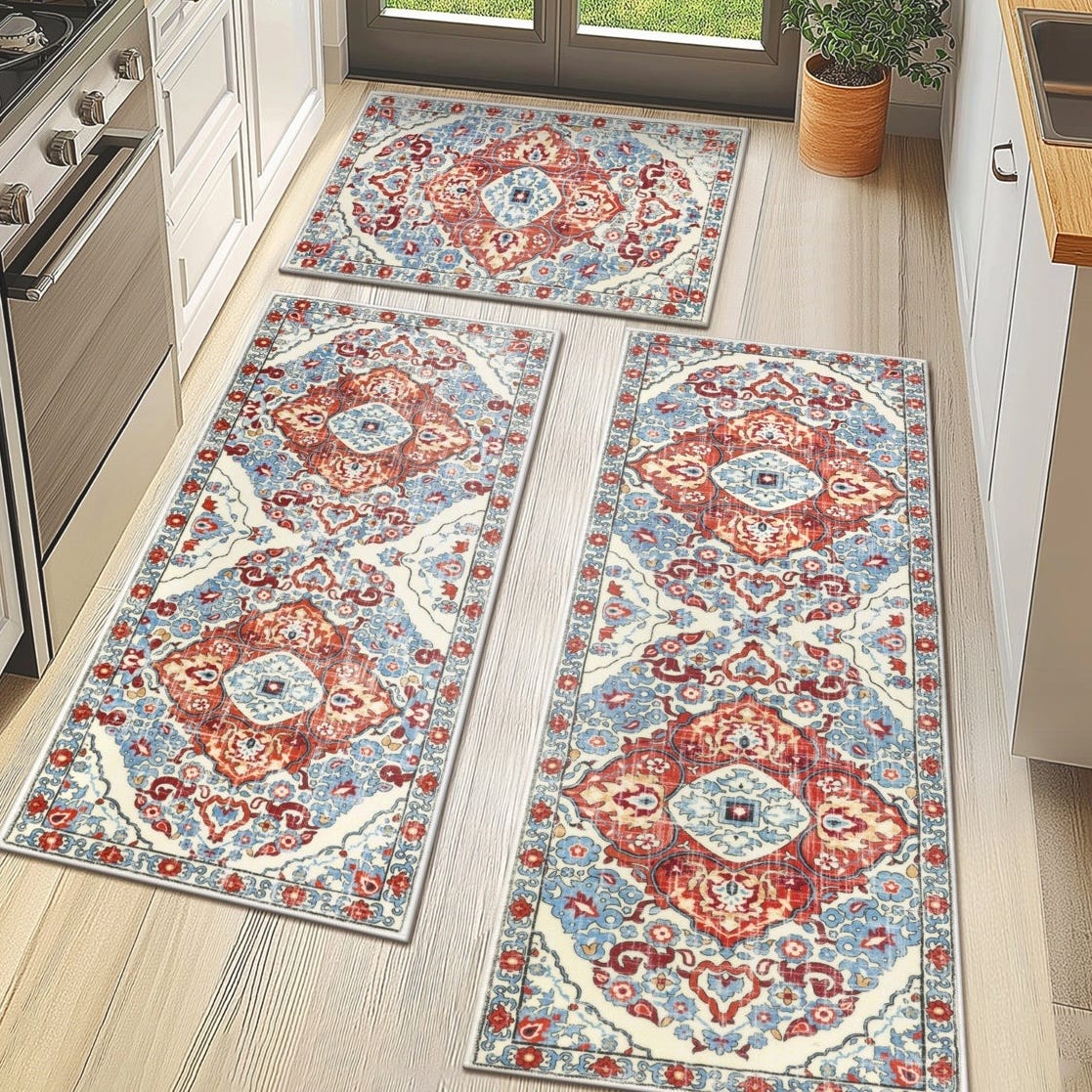 Three colorful kitchen rugs with intricate patterns in red and blue are placed on a light wood floor.