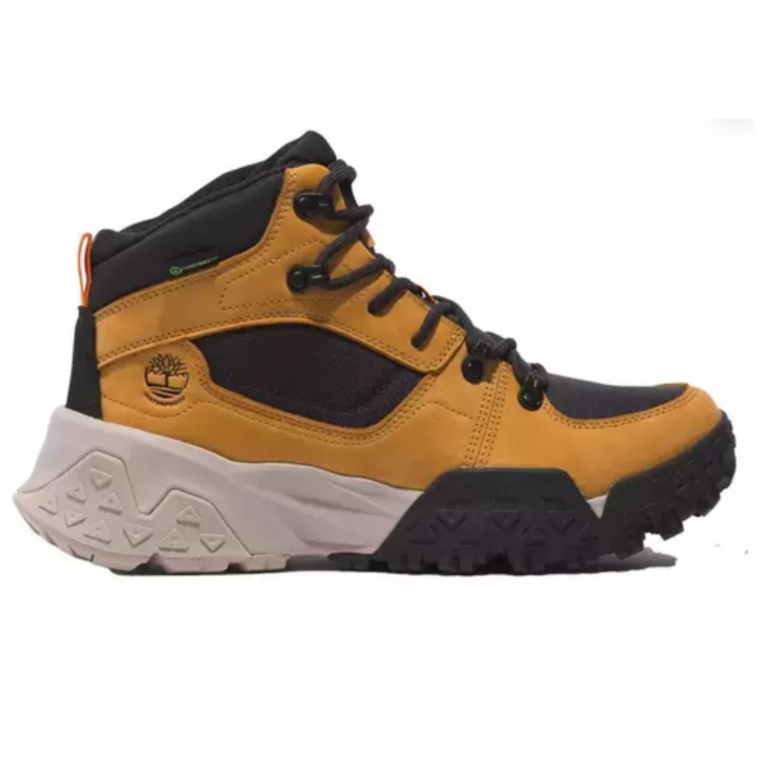 A tan and black hiking boot with rugged tread, featuring a padded ankle and lace-up design for support and durability.
