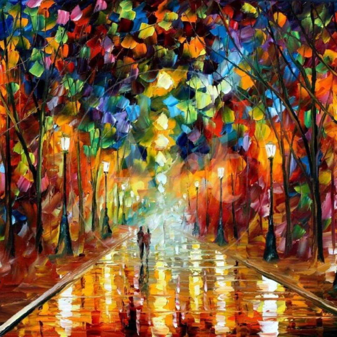 A vibrant, colorful painting depicting a rain-soaked park pathway illuminated by streetlights, with trees and foliage in a burst of blues, reds, and yellows. Two silhouettes walk hand-in-hand, enhancing the romantic and impressionistic atmosphere.