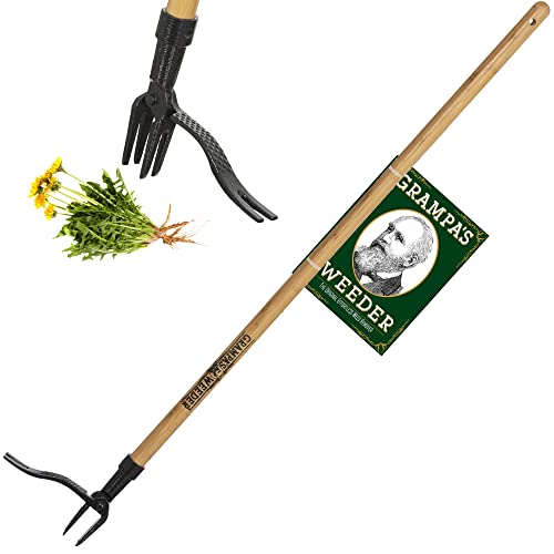 Grandpa's Weeder is a long-handled gardening tool with a four-claw design for pulling out weeds from the ground. The handle is wooden and there is a label showcasing the brand name and logo.