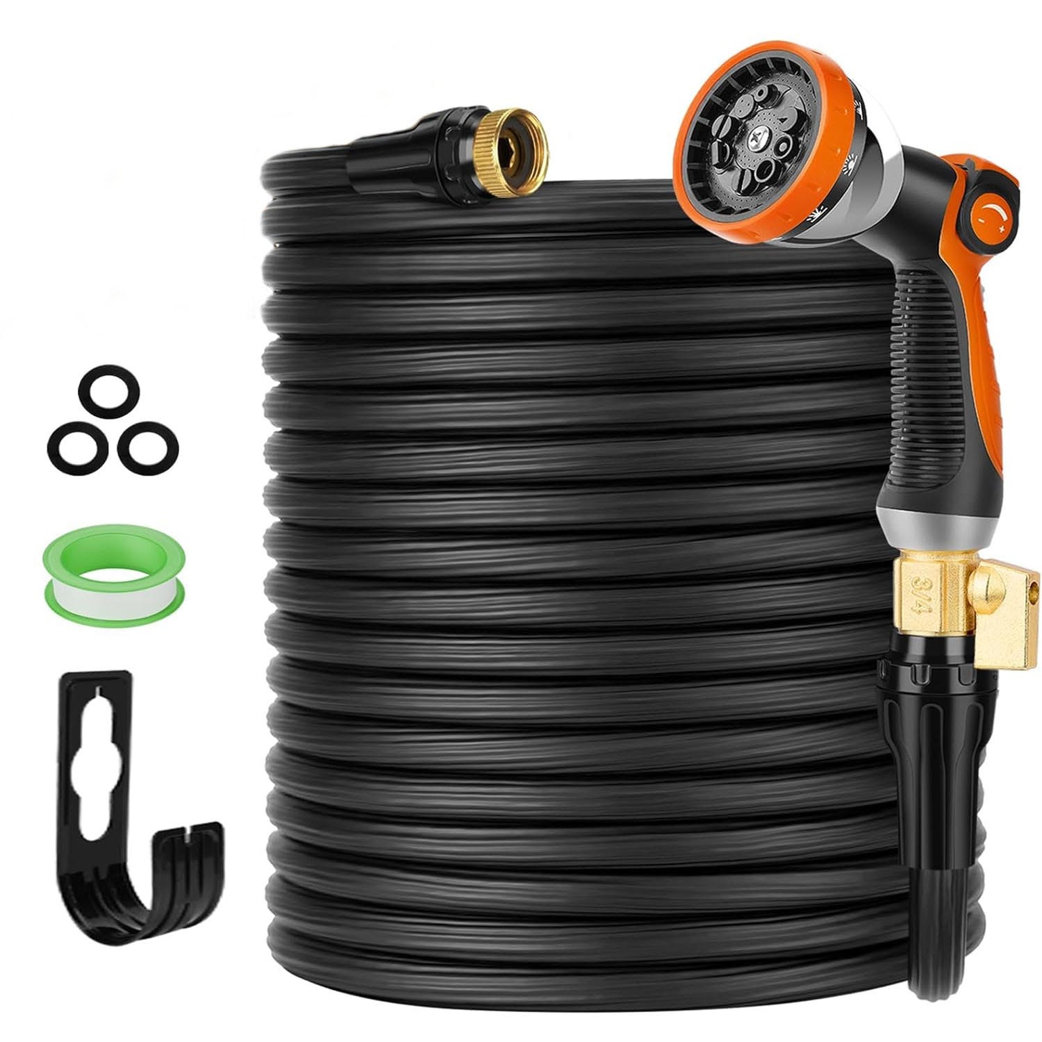 A black garden hose set with an adjustable spray nozzle, brass connectors, three rubber washers, sealing tape, and a wall mount hook.