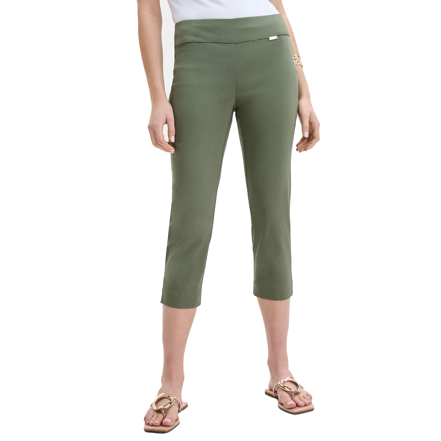Olive green cropped pants with a high-rise elastic waistband, paired with gold-strap sandals.