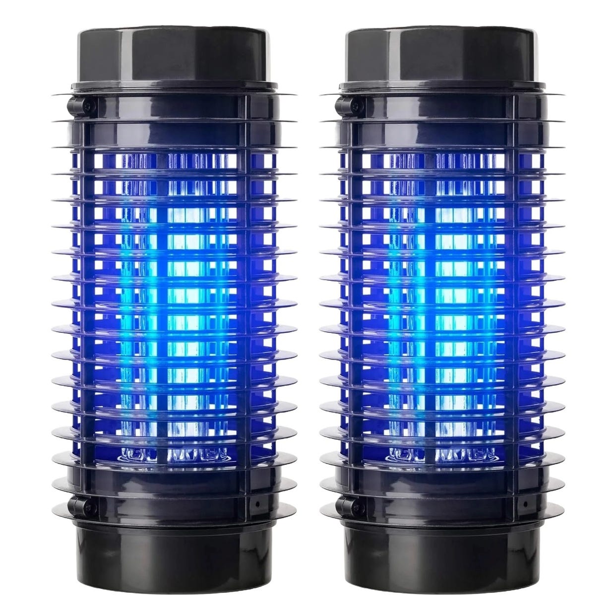 Two identical black electric insect zappers with blue light.