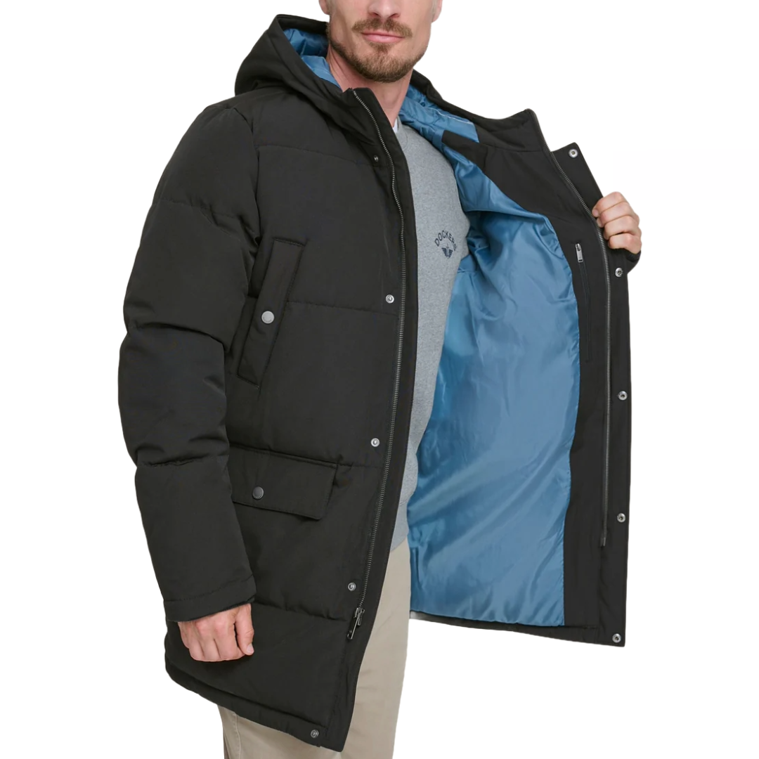Dockers Arctic Hooded Parka features a black exterior with a contrasting blue inner lining, a full zip front, hood, and multiple snap-button pockets for practicality and warmth.