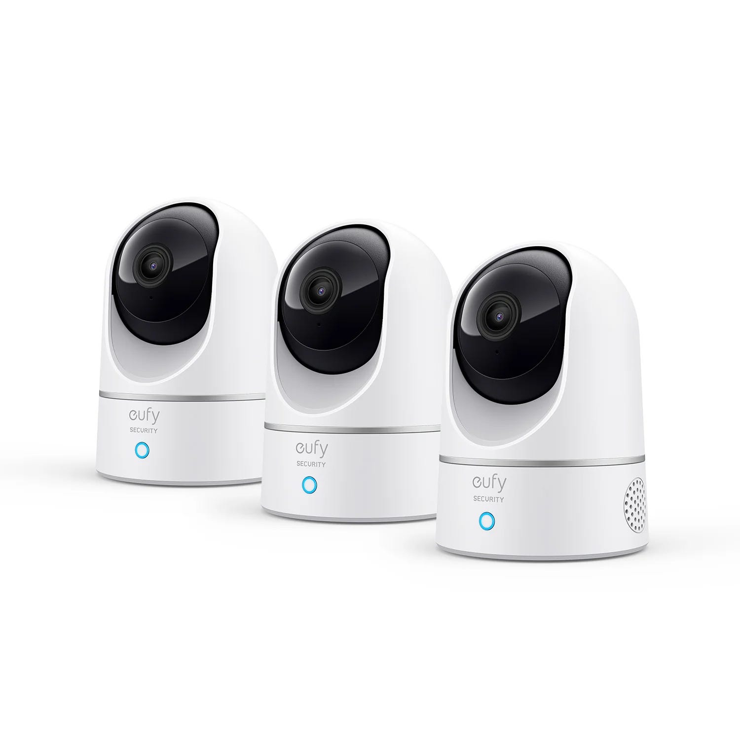 Three Eufy Indoor Security Cameras with a sleek white design, featuring a lens housed in a rounded top section, and a small blue indicator light on the front.