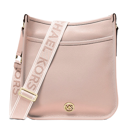 A blush pink Michael Kors leather messenger bag features a front pocket and an adjustable strap with \“Michael Kors\“ text. The bag has a gold MK logo emblem on the front.