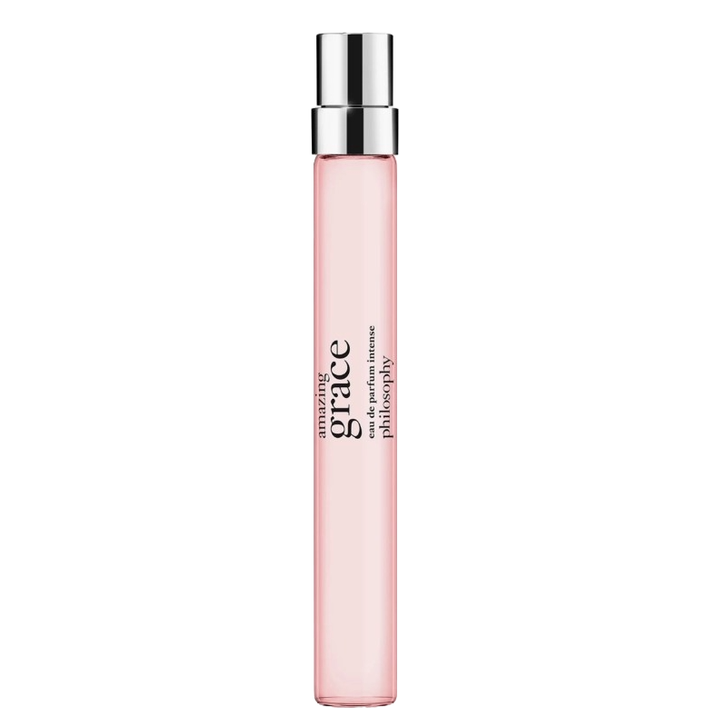 A pink vial of Philosophy's Amazing Grace Eau de Parfum Intense with a silver cap.