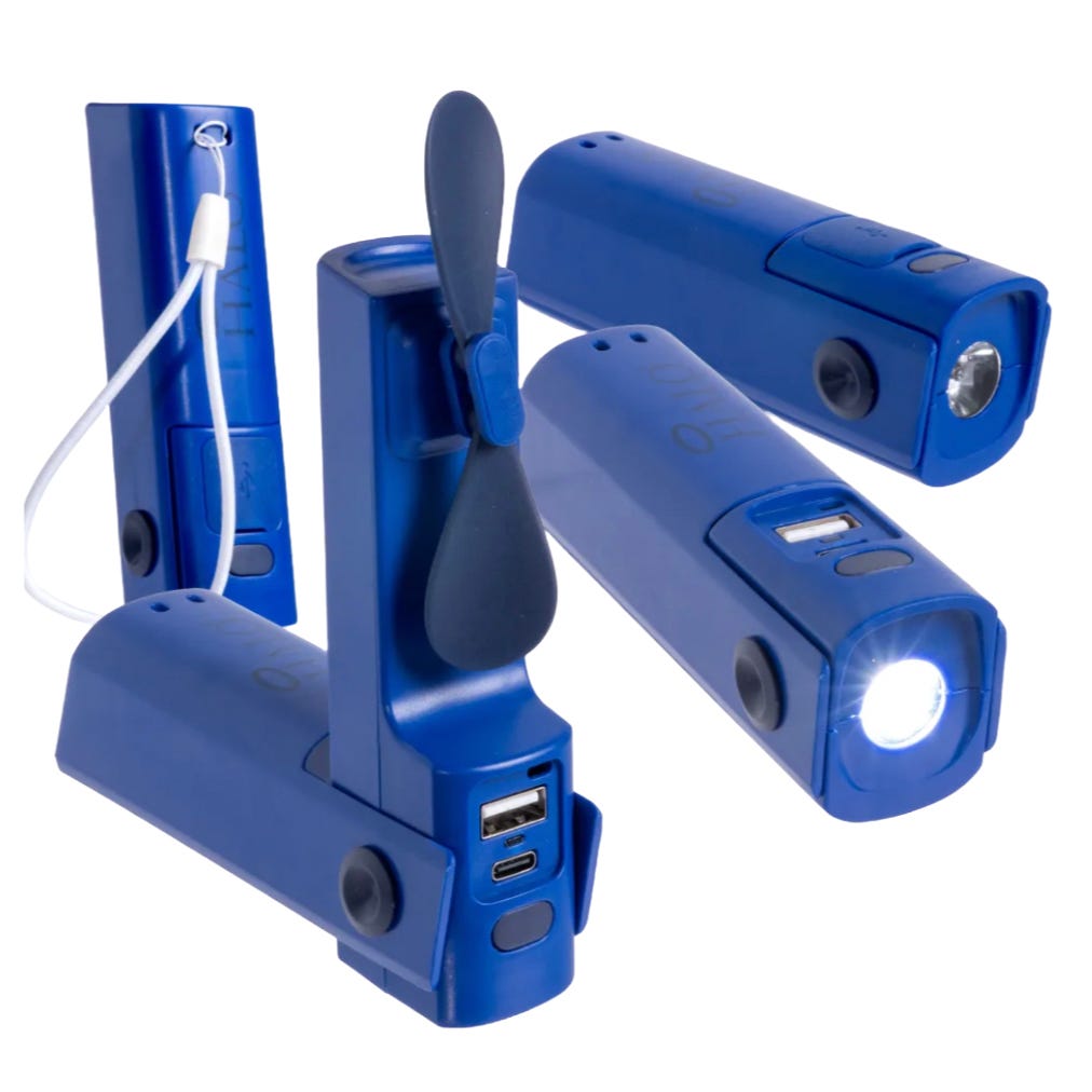 Blue multifunctional gadget featuring a flashlight, a USB output, a USB-C input, and a small fan.
