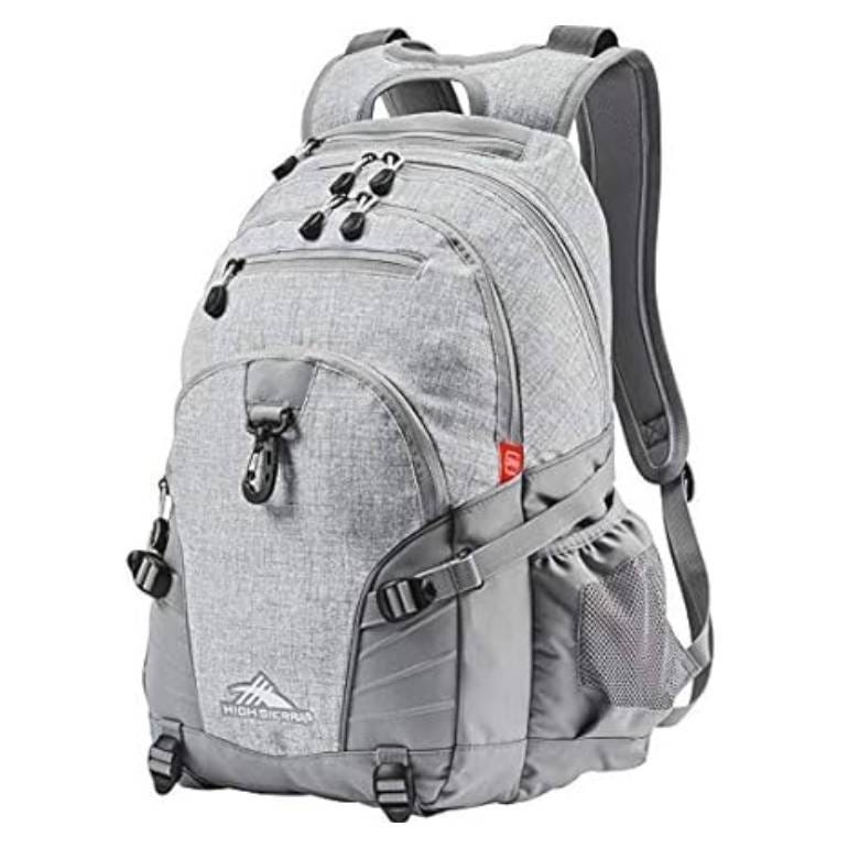 A gray backpack with multiple compartments and a spacious design, featuring adjustable shoulder straps, side mesh pockets, and a front clip.