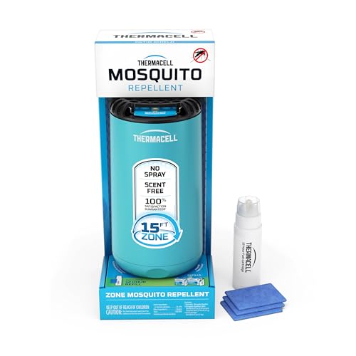 Thermacell Mosquito Repellent device in blue with a black top, including a repellant cartridge and three blue pads, promising a 15-foot protection zone.
