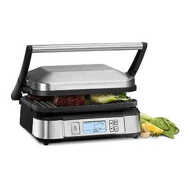 A Cuisinart Griddler with digital controls, open to show grilling plates compressing food, sporting a stainless steel top cover.