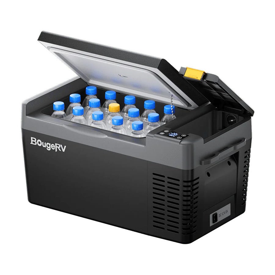 Portable electric cooler filled with bottled beverages, featuring a digital control panel on the front.