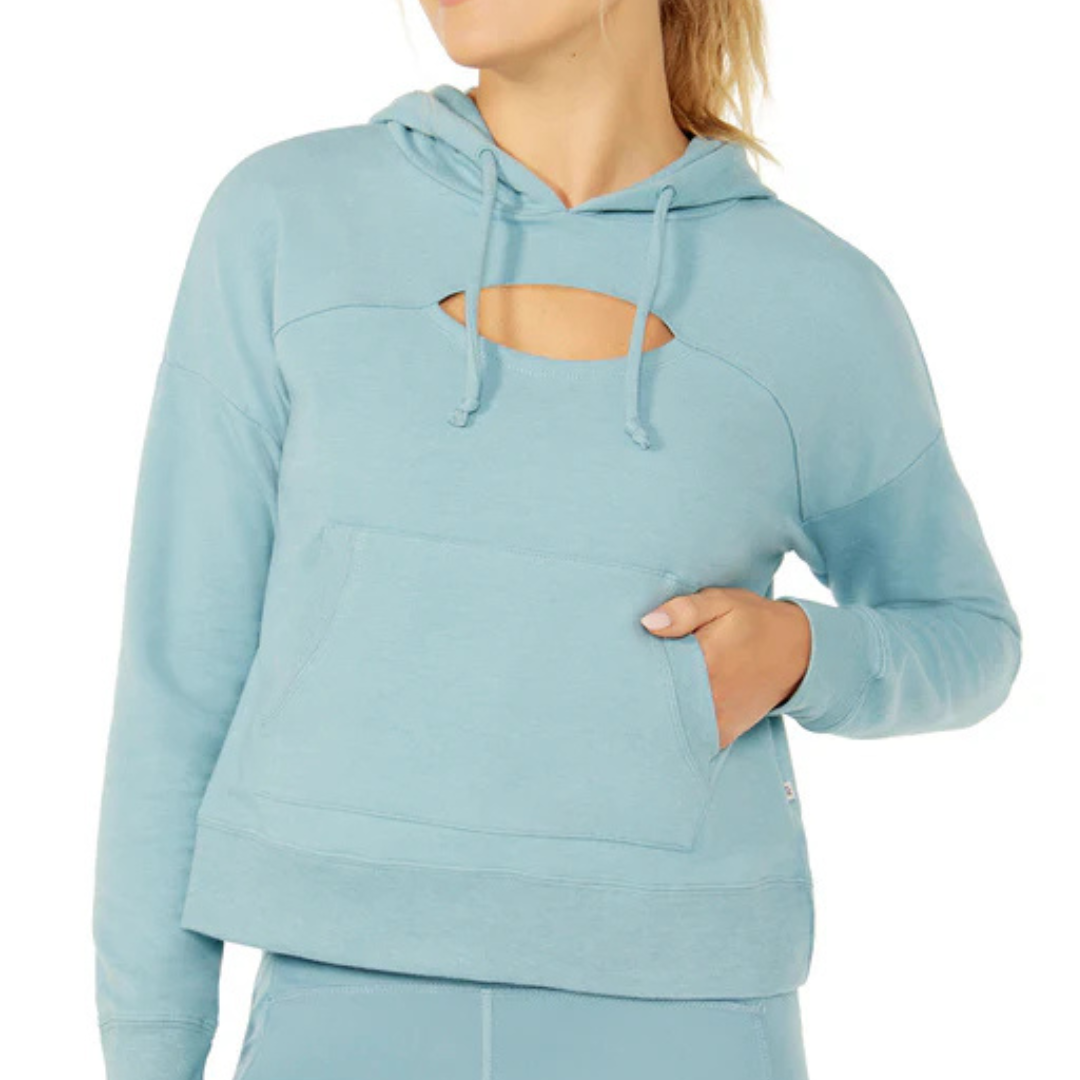 Light blue hoodie with a keyhole cut-out below the neckline, drawstring hood, and a front kangaroo pocket.