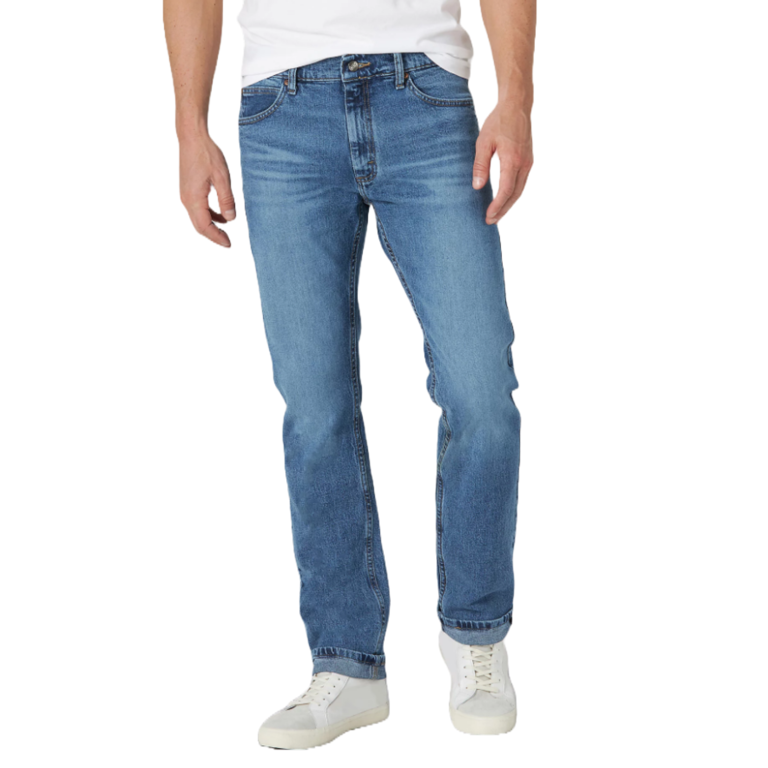 Light-wash blue denim jeans with a straight-leg cut, standard five-pocket design, and white sneakers visible at the bottom.