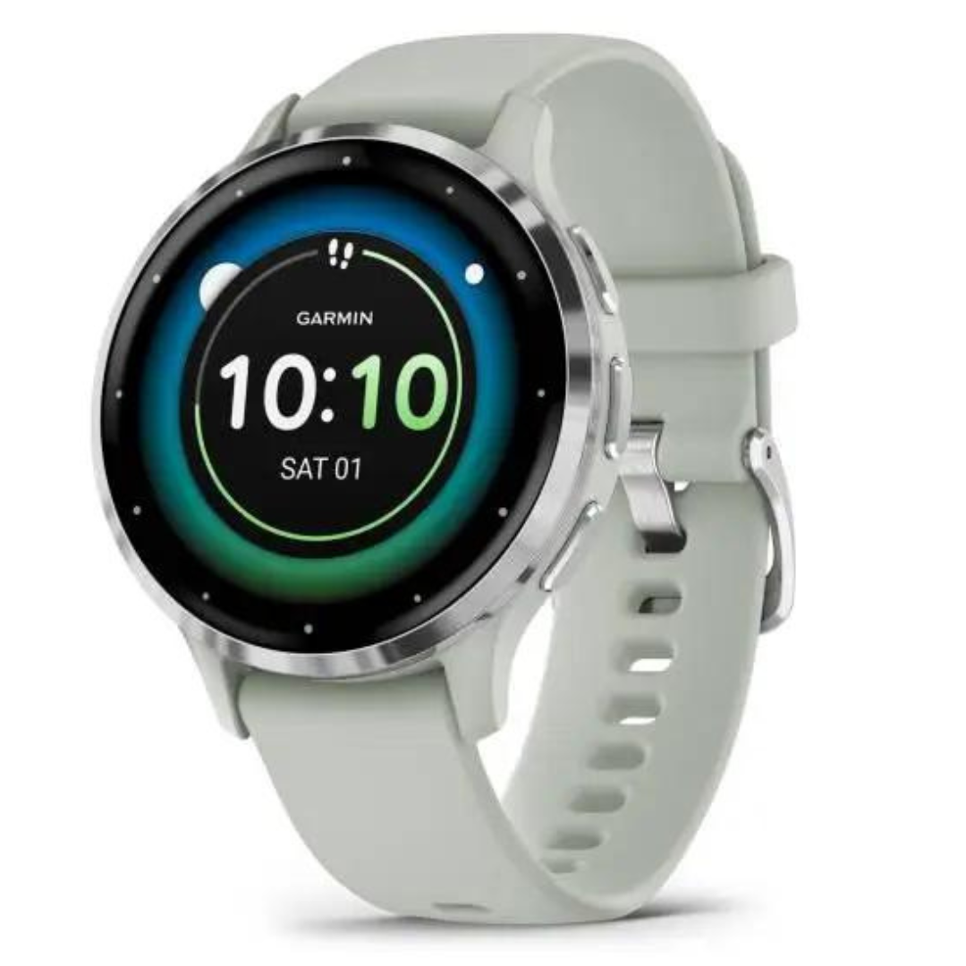 A Garmin smartwatch with a round display and gray silicone strap.