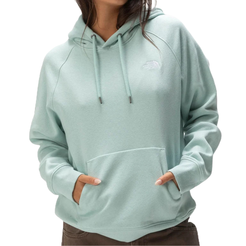 The North Face Evolution Hoodie in light teal features a drawstring hood, front kangaroo pocket, and logo on the chest, made from soft, cozy material suitable for casual wear.