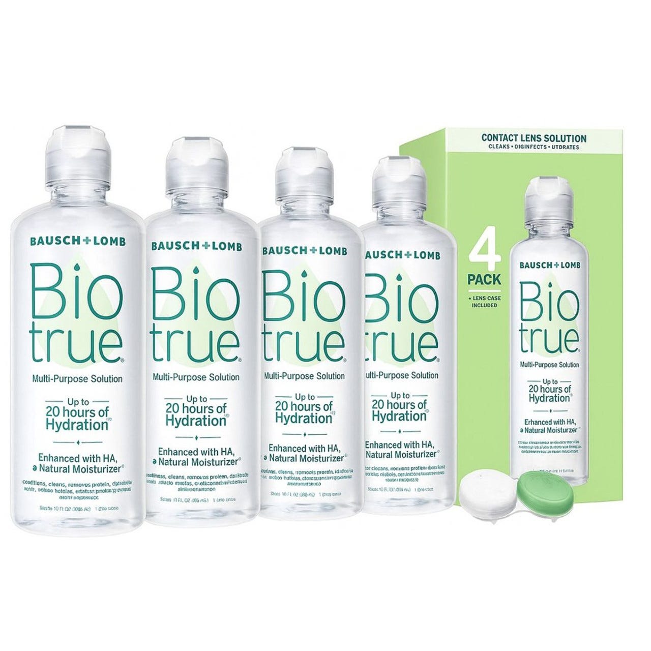 Bausch + Lomb Biotrue Multi-Purpose Solution 4-pack offers up to 20 hours of hydration for contact lenses, includes lens cases, and is enhanced with HA and a natural moisturizer.