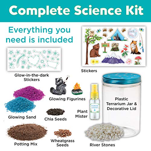 A terrarium kit with a plastic jar, lid, seeds, figurines, glowing stickers and elements, potting mix, river stones, and a plant mister.