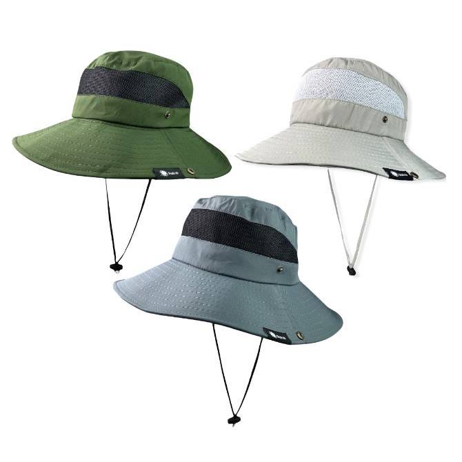 Three bucket hats with adjustable chin straps in green, white, and blue colors.