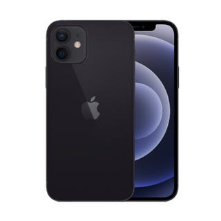 Black smartphone with dual rear cameras and a front-facing notch for the speaker and sensors.