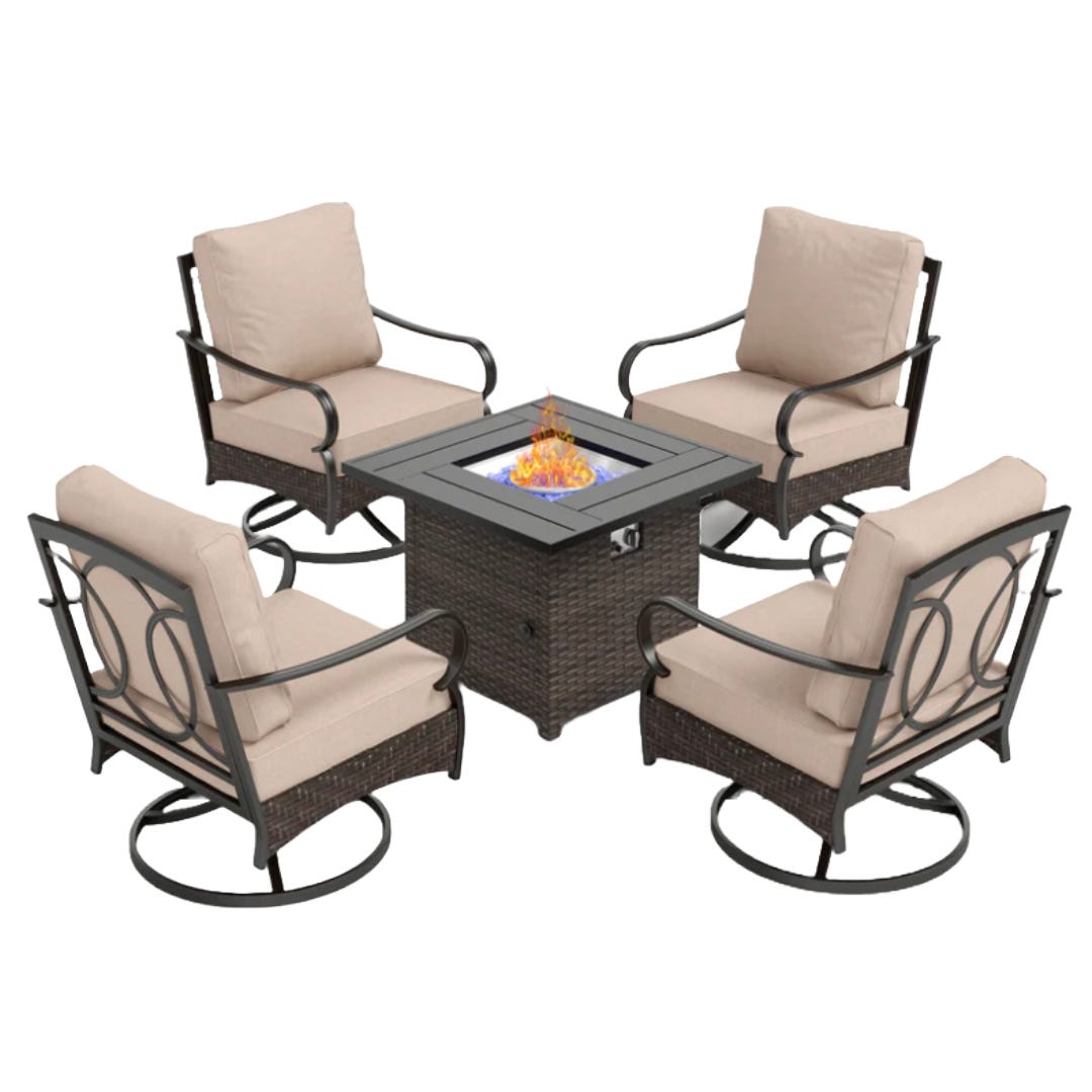 Four cushioned patio chairs with metal frames surround a square fire pit table with a rattan-style base, featuring a flame in the center.