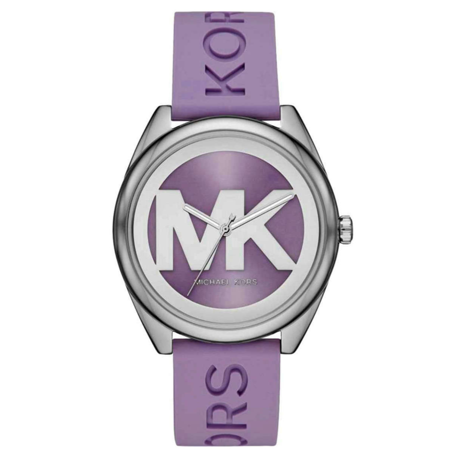 The Michael Kors Janelle Watch features a purple silicone strap with embossed \“KORS\“ text and a silver-toned case. Its dial displays a large \“MK\“ logo over a matching purple background.