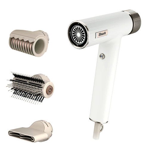 Handheld hair styling device with multiple attachments, including a nozzle, brush, and shaver.