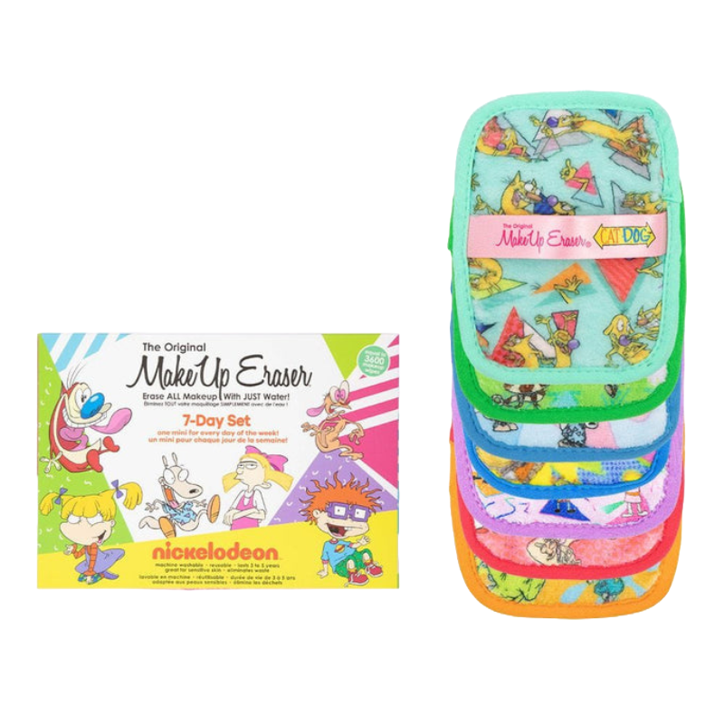 A 7-pack of Nickelodeon-themed Makeup Erasers featuring characters from classic shows like CatDog, Ren & Stimpy, and Rugrats, offering one mini eraser for each day of the week in various vibrant colors.