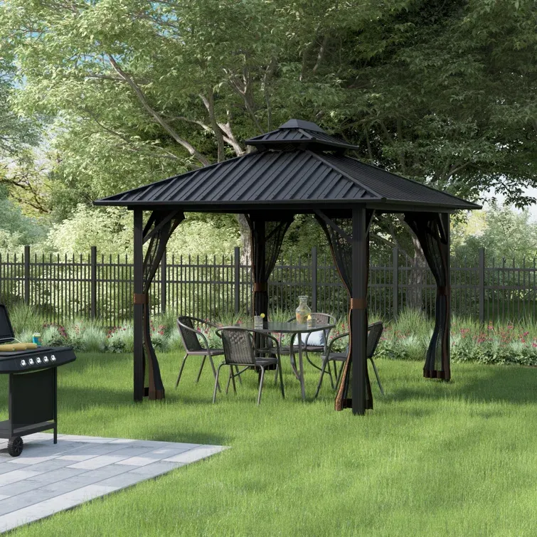 A black metal gazebo with a domed top, accompanied by an outdoor dining set including four chairs and a round glass table.