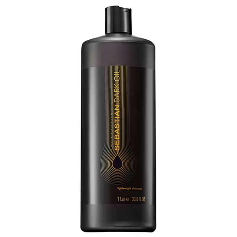 Sebastian Dark Oil Lightweight Shampoo, 1 liter (33.8 fl oz), in a black bottle with gold text and design.