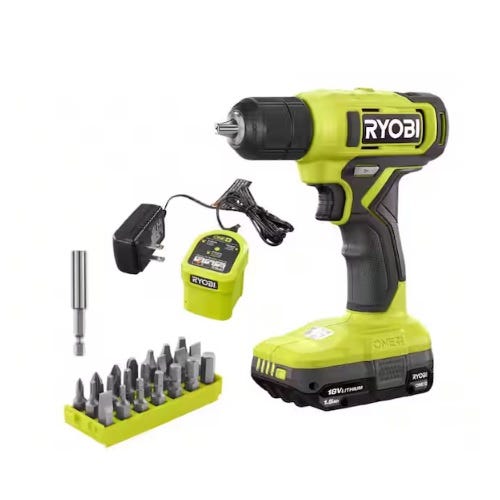 Cordless drill and driver set with a charger, battery, and multiple drill and screw bits, all in Ryobi branding colors.