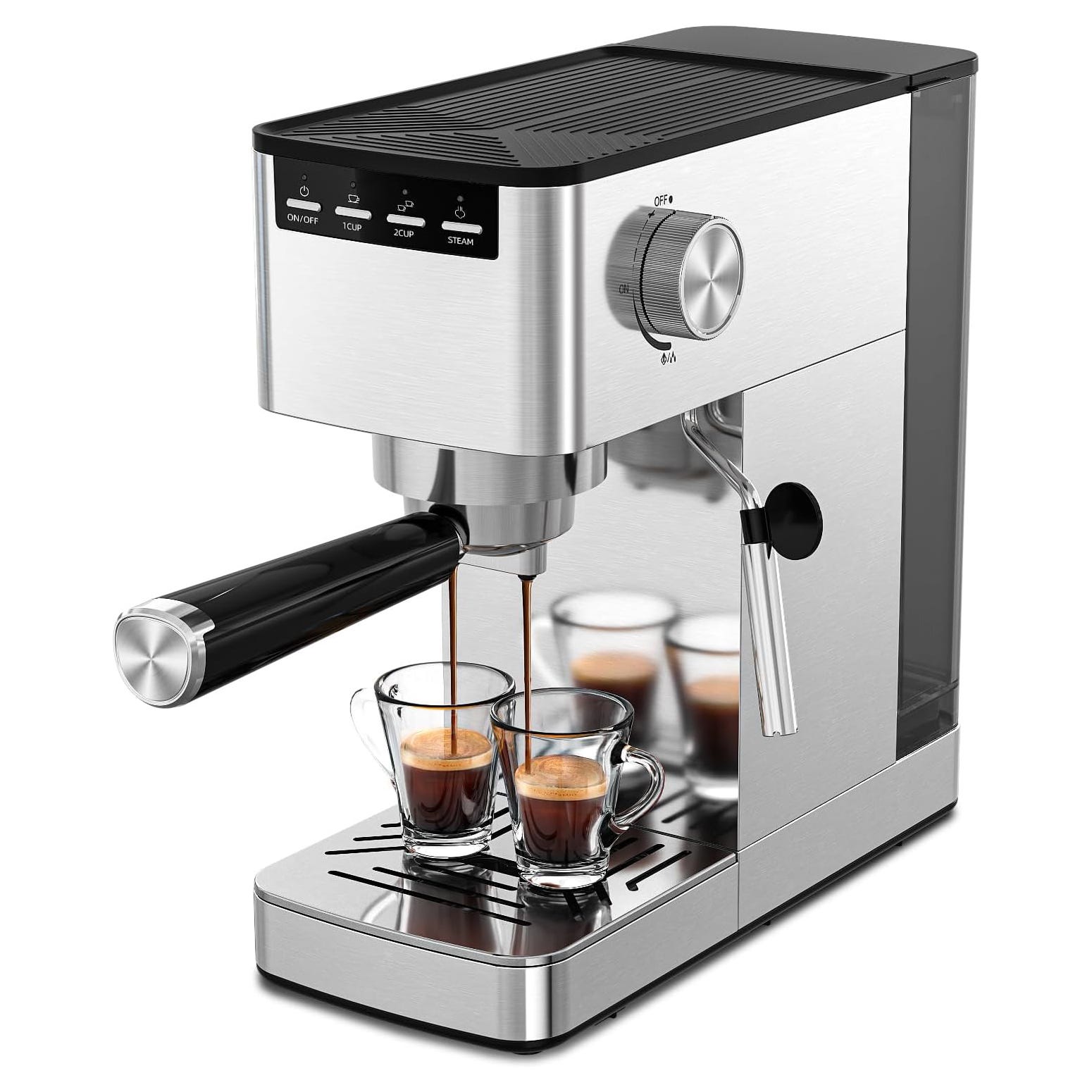 Espresso machine with a stainless steel finish, featuring buttons for on/off, 1 cup, 2 cup, and steam options, and a dual spout for making two espresso shots simultaneously.