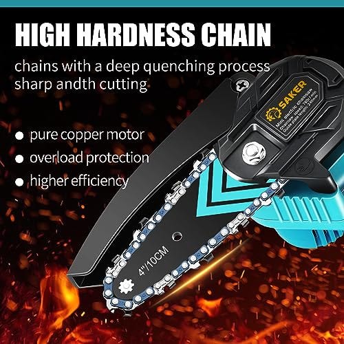 A cordless chainsaw with a black and silver design, featuring a high hardness chain, pure copper motor, overload protection, and claims higher efficiency.