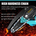 A cordless chainsaw with a black and silver design, featuring a high hardness chain, pure copper motor, overload protection, and claims higher efficiency.