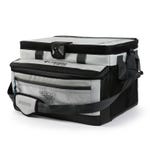 A black and white Columbia brand soft cooler with zipper compartments and a shoulder strap.