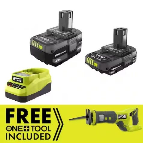Ryobi combo pack with two 18V Lithium+ batteries, a charger, and a free reciprocating saw included.