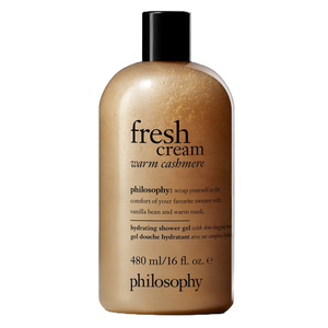 Philosophy's Fresh Cream Warm Cashmere is a hydrating shower gel with the comforting scent of vanilla bean and warm musk, available in a 480 ml (16 fl. oz.) bottle.