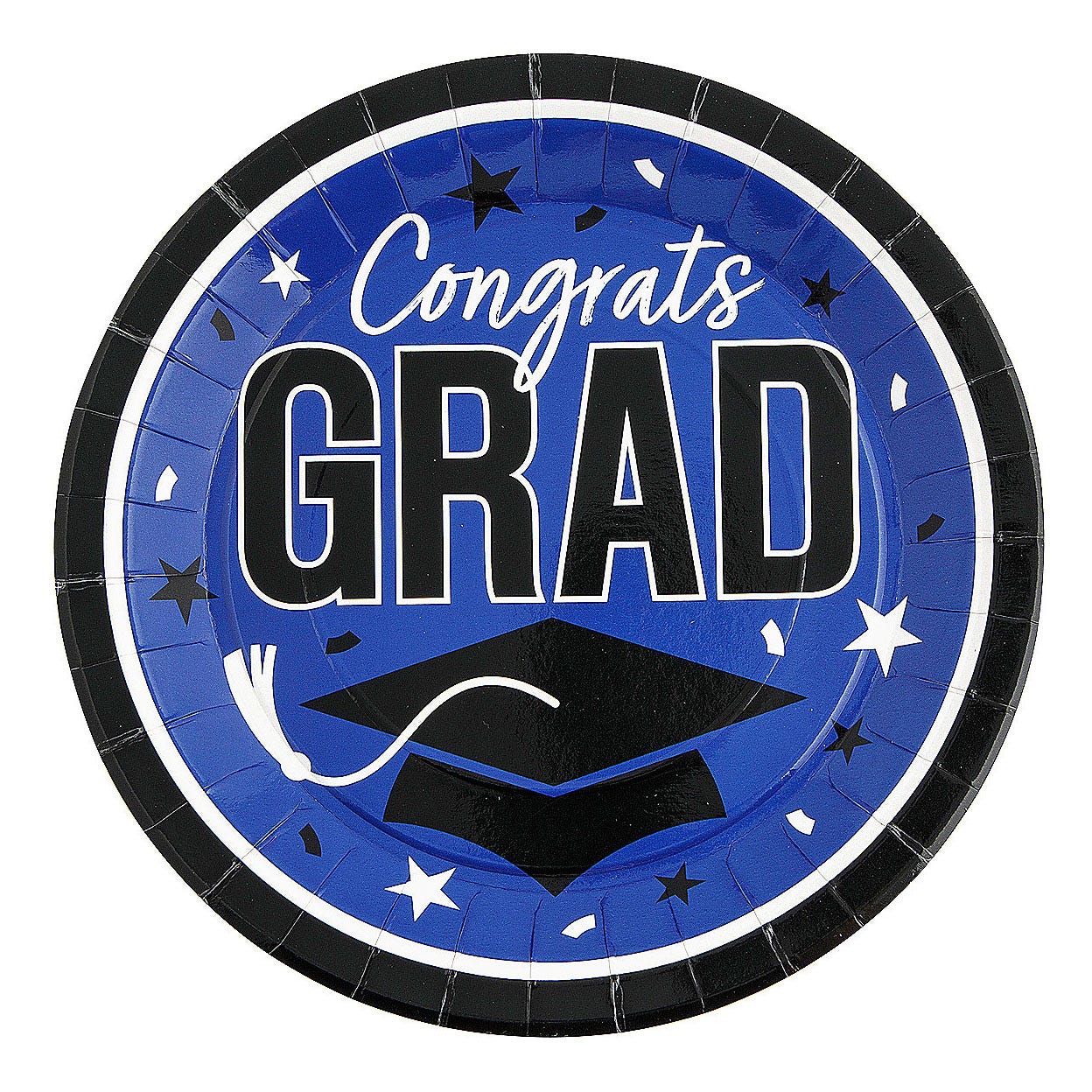 Round paper plate with a blue and black design featuring the words \“Congrats Grad\“ and a graduation cap, accented by stars and confetti.