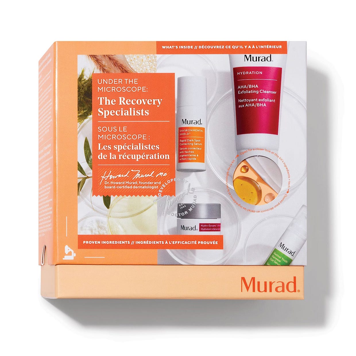 Murad skincare gift set with AHA/BHA Exfoliating Cleanser, Rapid Dark Spot Serum, and Hydro-Dynamic Quenching Essence samples.