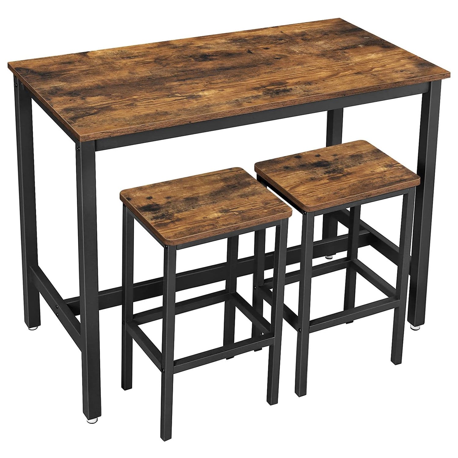 A compact wooden bar table set with a rustic finish, featuring black metal frames, accompanied by two matching stools designed to fit neatly beneath the table.