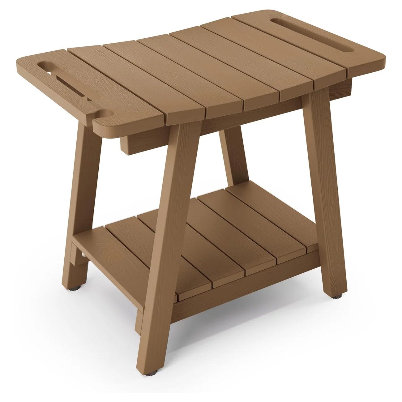 Brown plastic step stool with two steps and a handle slot on top.