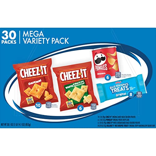 The image shows a Kellogg's Mega Variety Pack with 30 snack packs, including Cheez-It Original and White Cheddar, Pringles Original, and Rice Krispies Treats.